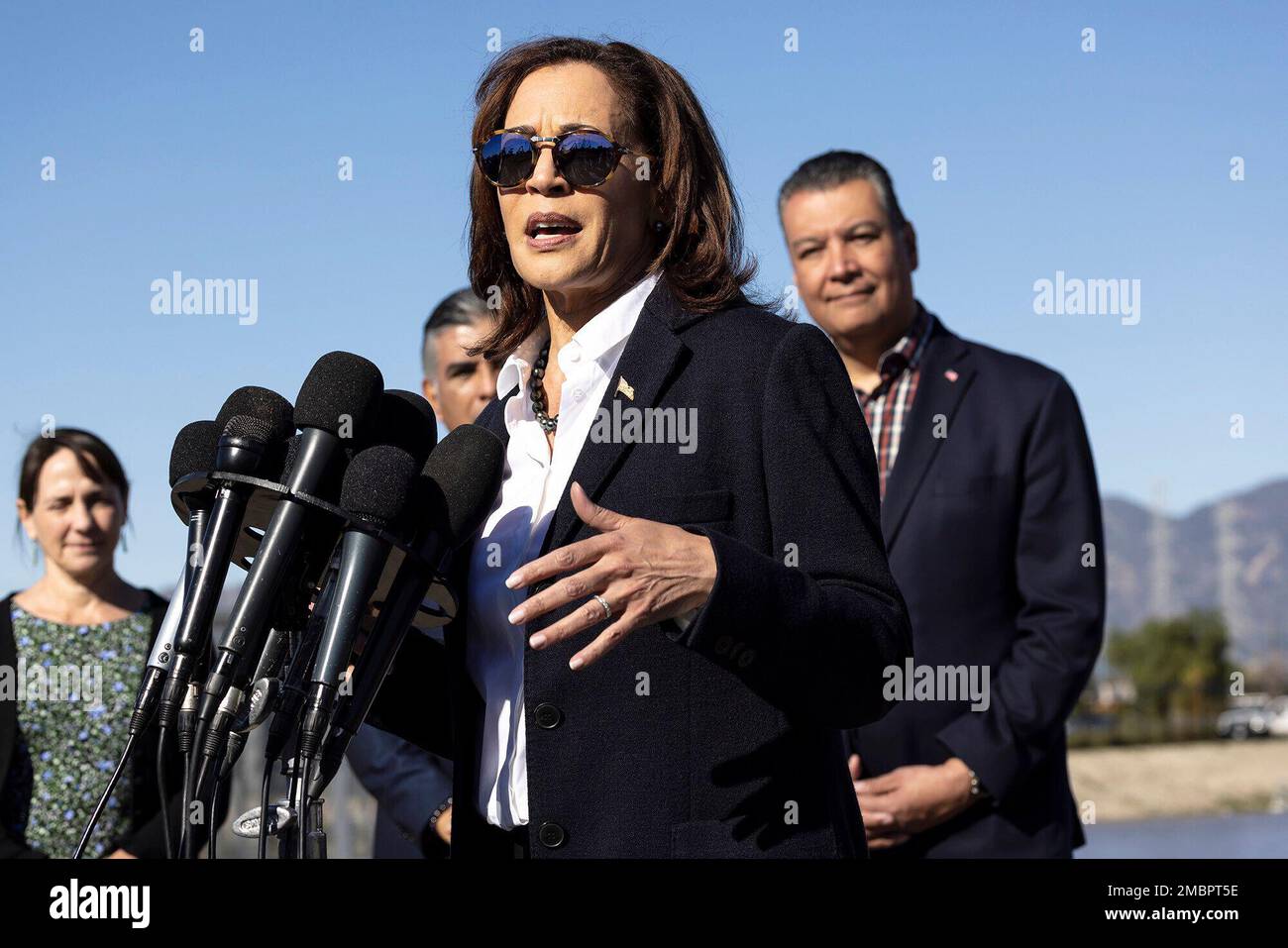 United States Vice President Kamala Harris makes remarks as she tours the Tujunga Spreading Grounds in Sun Valley, California on January 20, 2023. The spreading grounds recharge Los Angeles Countys groundwater. Pictured with the Vice President are: Assistant Secretary Tanya Trujillo, US Department of the Interior; US Senator Alex Padilla (Democrat of California); US Representative Tony Cardenas (Democrat of California); Secretary Wade Crowfoot, California Natural Resources Agency; Lindsey Horvath, Los Angeles County Board of Supervisors; and Director Mark Pestrella, Los Angeles County Public  Stock Photo