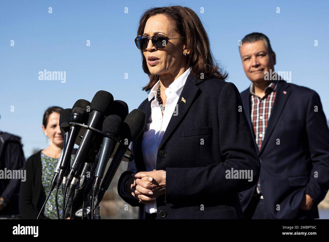 United States Vice President Kamala Harris makes remarks as she tours the Tujunga Spreading Grounds in Sun Valley, California on January 20, 2023. The spreading grounds recharge Los Angeles Countys groundwater. Pictured with the Vice President are: Assistant Secretary Tanya Trujillo, US Department of the Interior; US Senator Alex Padilla (Democrat of California); US Representative Tony Cardenas (Democrat of California); Secretary Wade Crowfoot, California Natural Resources Agency; Lindsey Horvath, Los Angeles County Board of Supervisors; and Director Mark Pestrella, Los Angeles County Public  Stock Photo