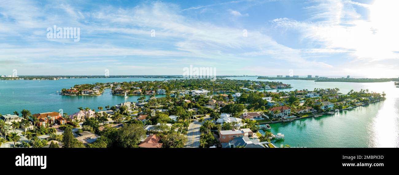 Aerial panorama photo luxury homes in Bird Key Sarasota Florida USA