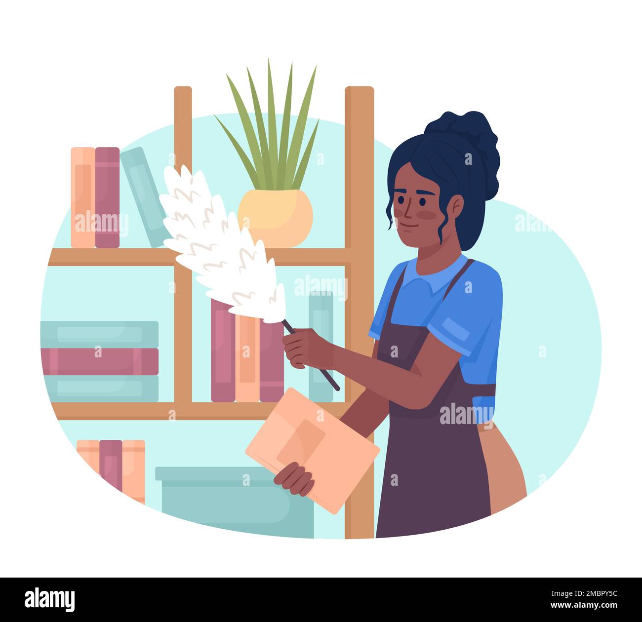 Housekeeper cleaning dust off wood shelves 2D vector isolated