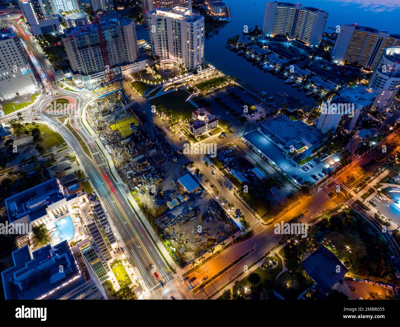 Night aerial photo construction site Downtown Sarasota FL USA Stock Photo