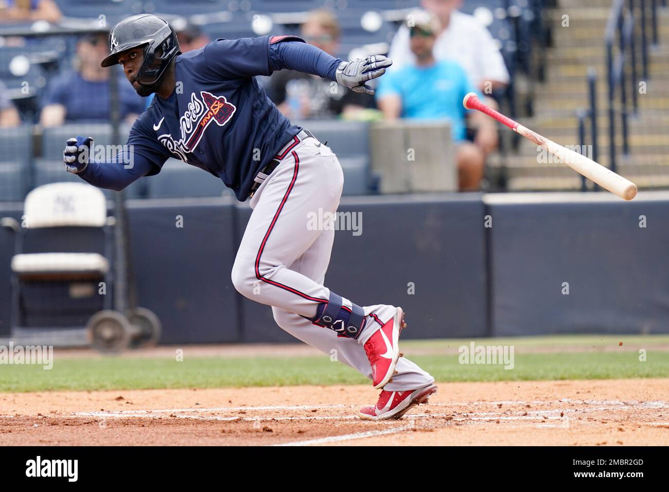 Atlanta Braves' Guillermo Heredia grounds out during the second inning of a  spring training baseball game against the New York Yankees, Saturday, April  2, 2022, in Tampa, Fla. (AP Photo/Lynne Sladky Stock
