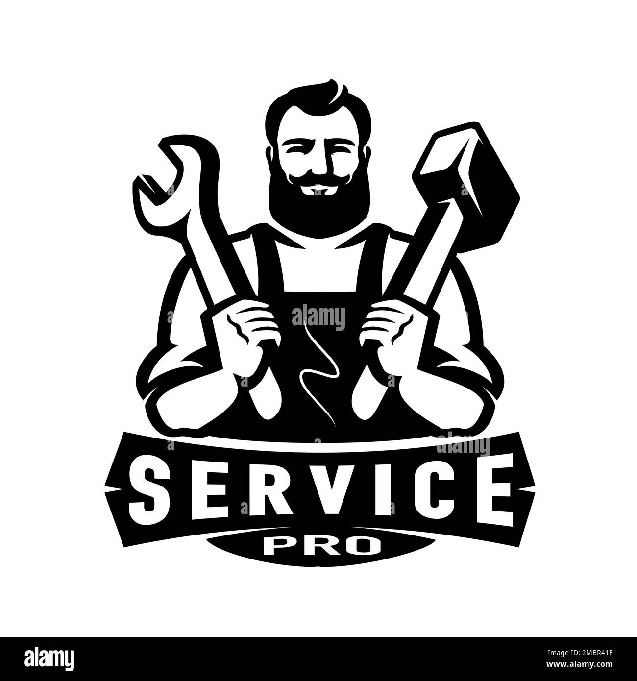 Construction service, building emblem or logo. Builder with tools