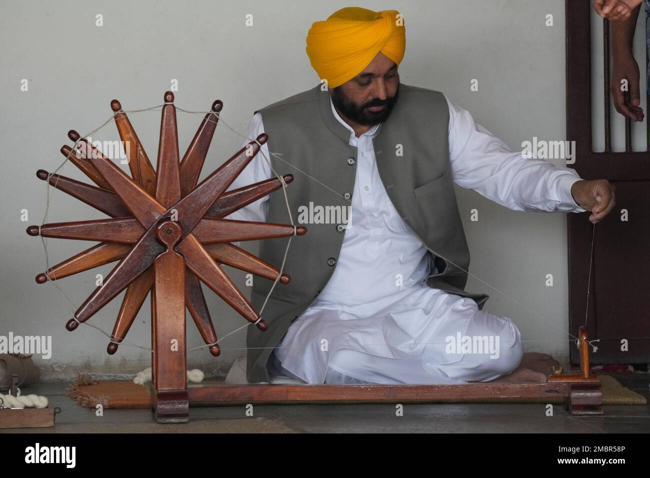 Chief Minister of Punjab Bhagwant Mann tries his hands on a spinning