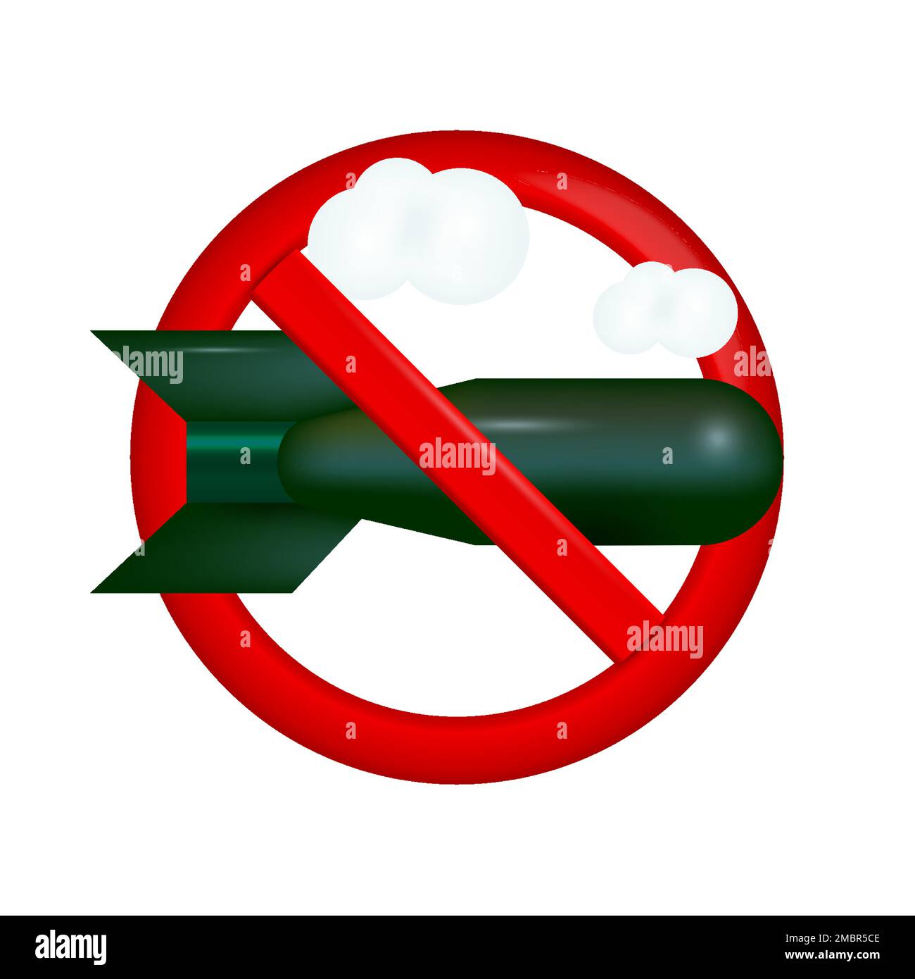 Stop bombing prohibition sign. Falling bomb 3D vector illustration isolated on white background. Stock Vector