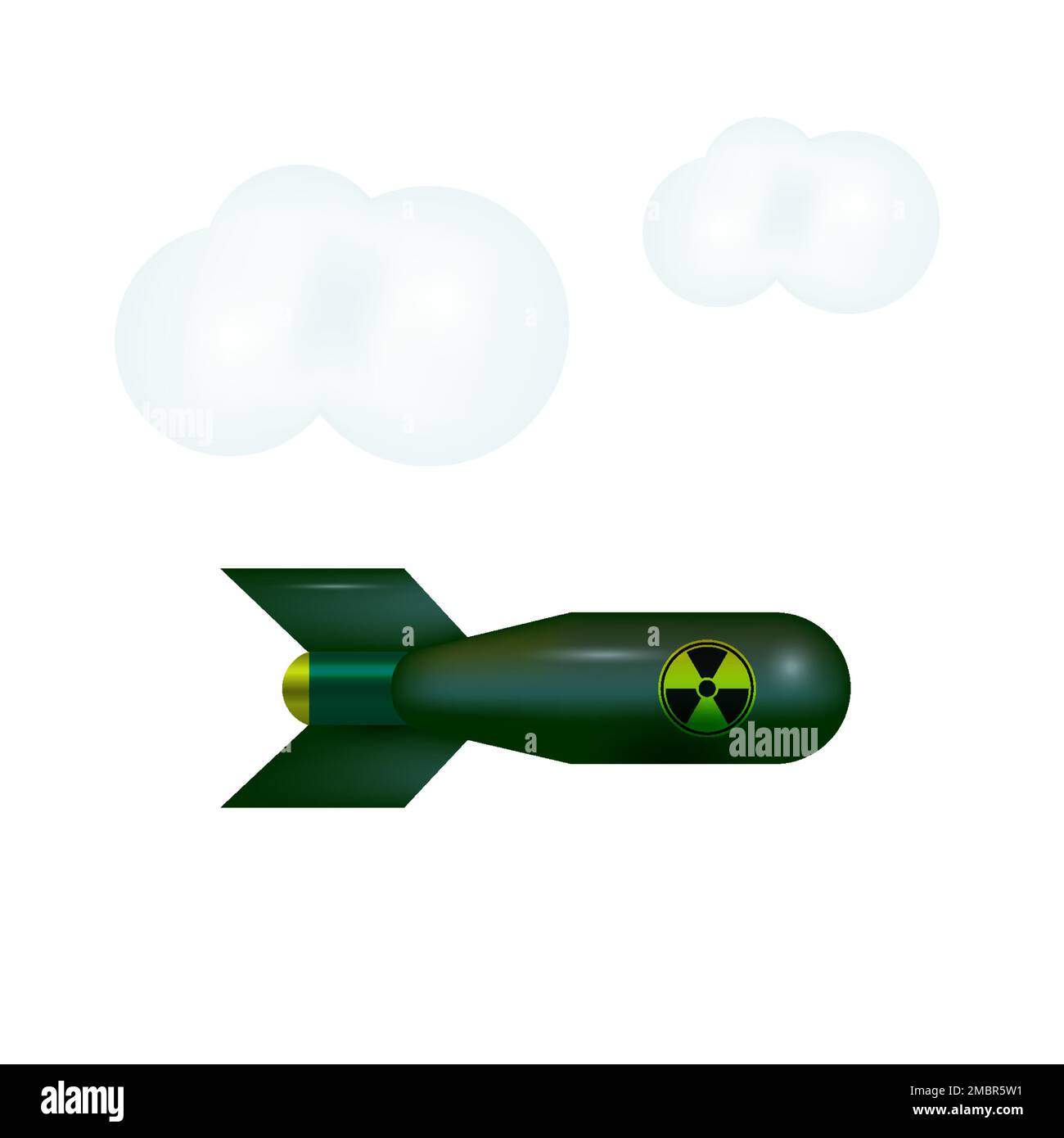 Falling atomic bomb in the sky with clouds. Falling bomb 3D vector illustration isolated on white background. Stock Vector