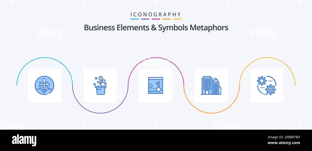 Business Elements And Symbols Metaphors Blue 5 Icon Pack Including headoffice. office. pot. building. lock Stock Vector