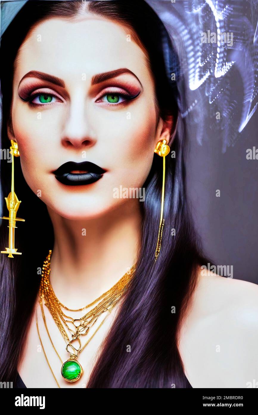 Portrait of a woman with long black hair, black lipstick, green eyes and a gold necklace with a bright green gemstone, fictional person, made with gen Stock Photo