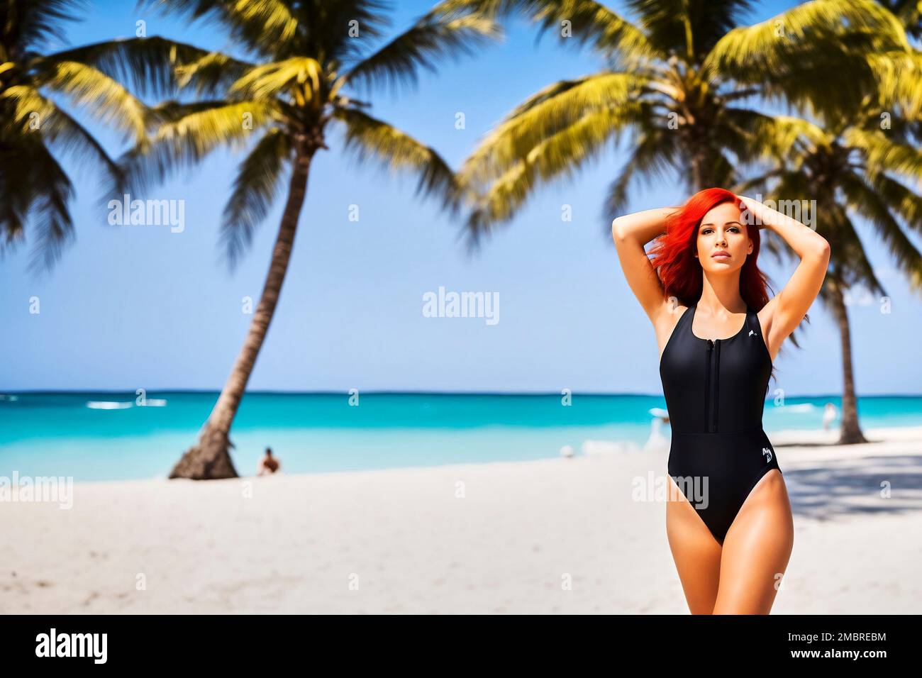 Serious looking young redhead woman in black bathing suit crossed her hands behind her head with shaved armpits on a beach, fictional person, made wit Stock Photo