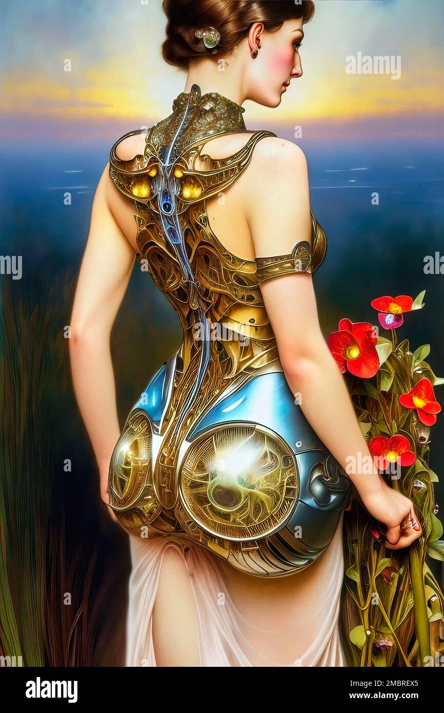 Back view of a beautiful woman wearing a surreal embellished dress and sweeping hips next to red flowers, fictional person, made with generative AI Stock Photo