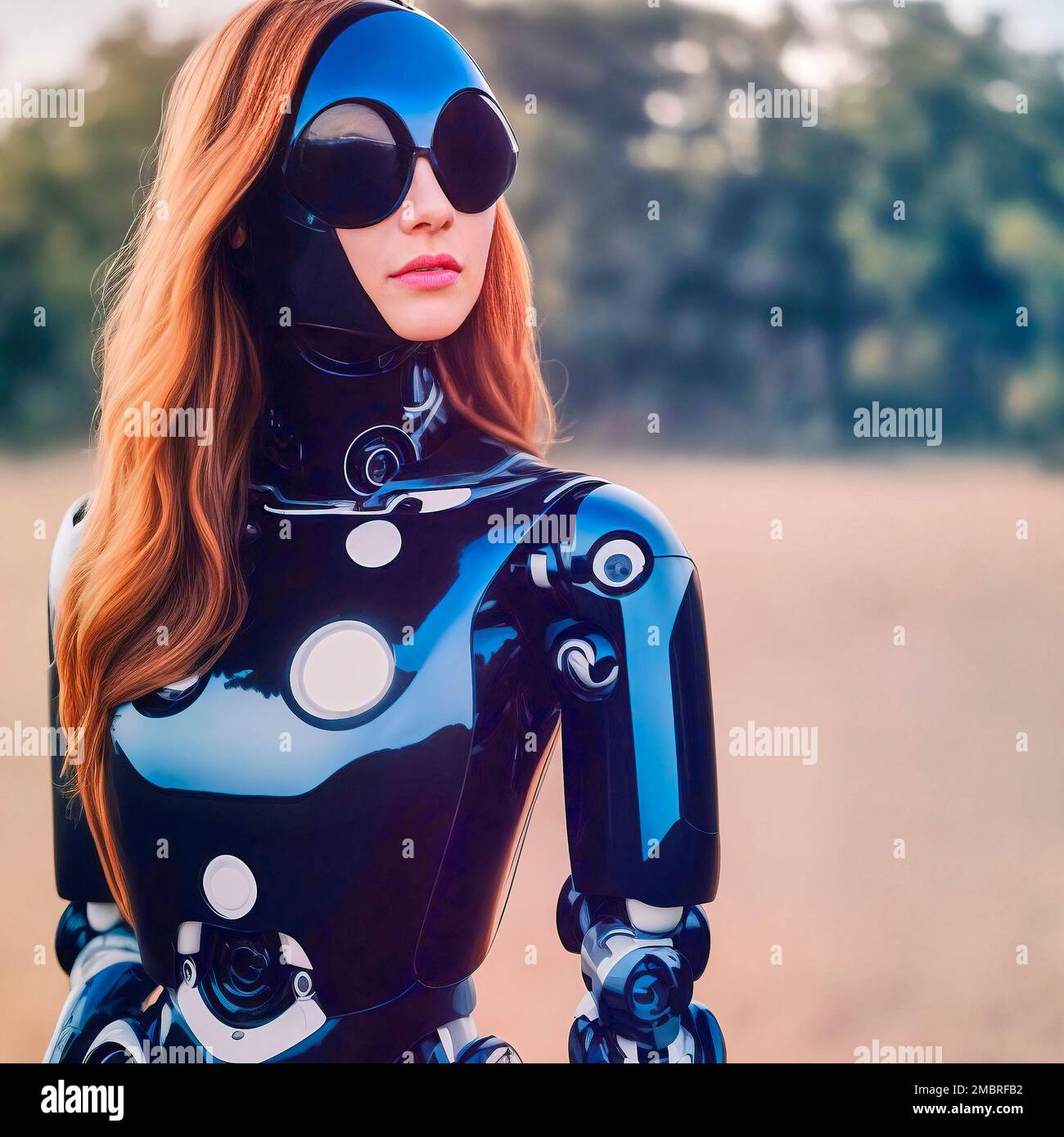 Female android with a black robotic body, long hair, and a biomechanical torso with sturdy armor, fictional person, made with generative AI Stock Photo