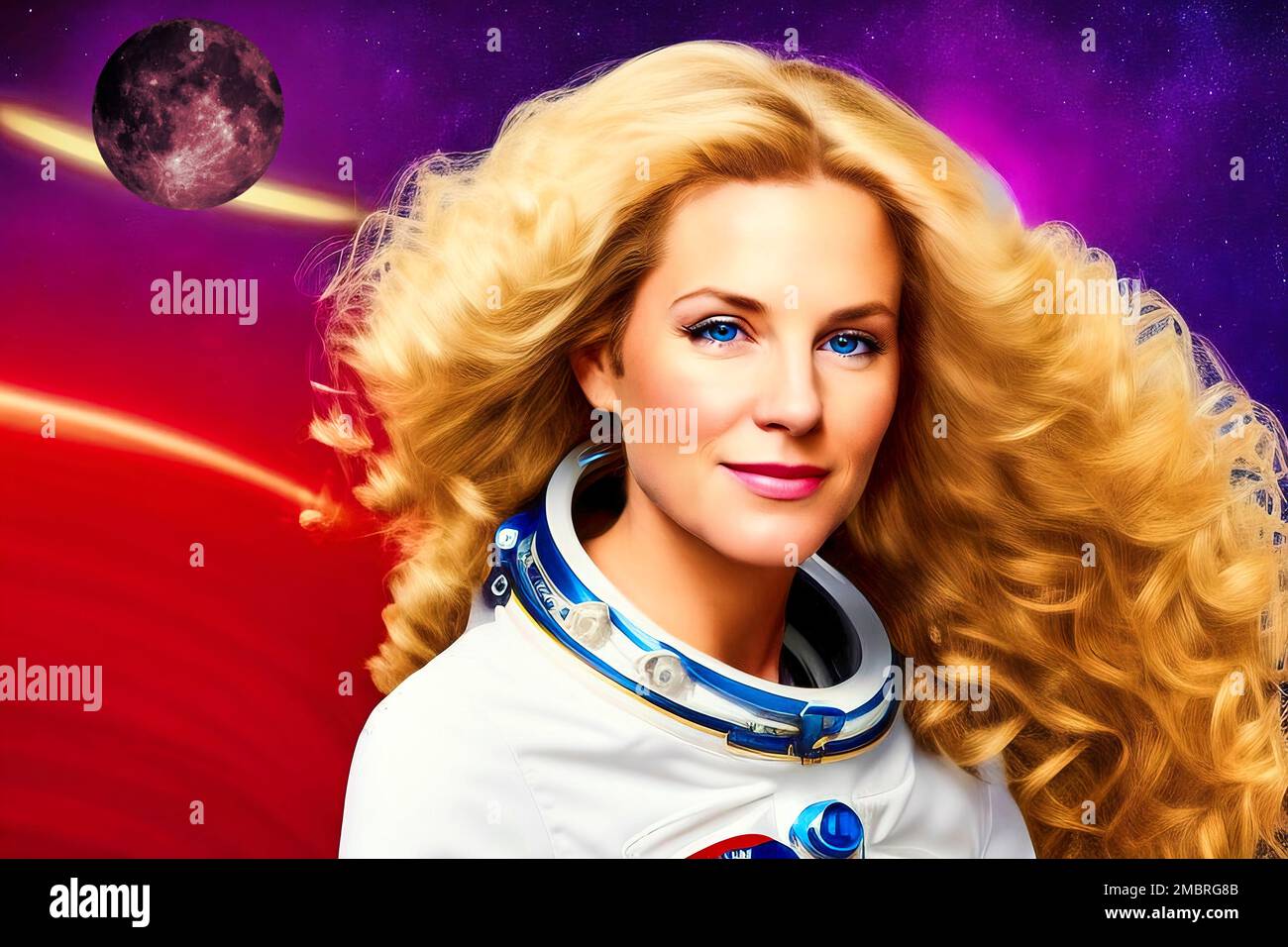 Illustration of a young blonde female astronaut with blue eyes wearing a spacesuit on a background with an abstract space representation, fictional pe Stock Photo