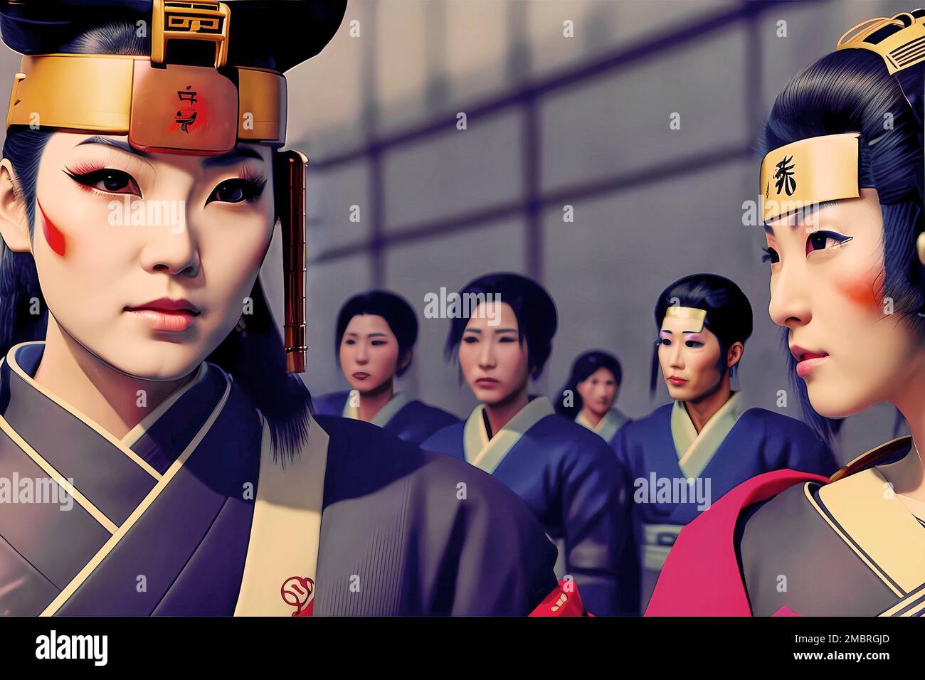 Old-fashioned female Japanese officers stand in front of a group of female soldiers in kimonos, fictional person, made with generative AI Stock Photo