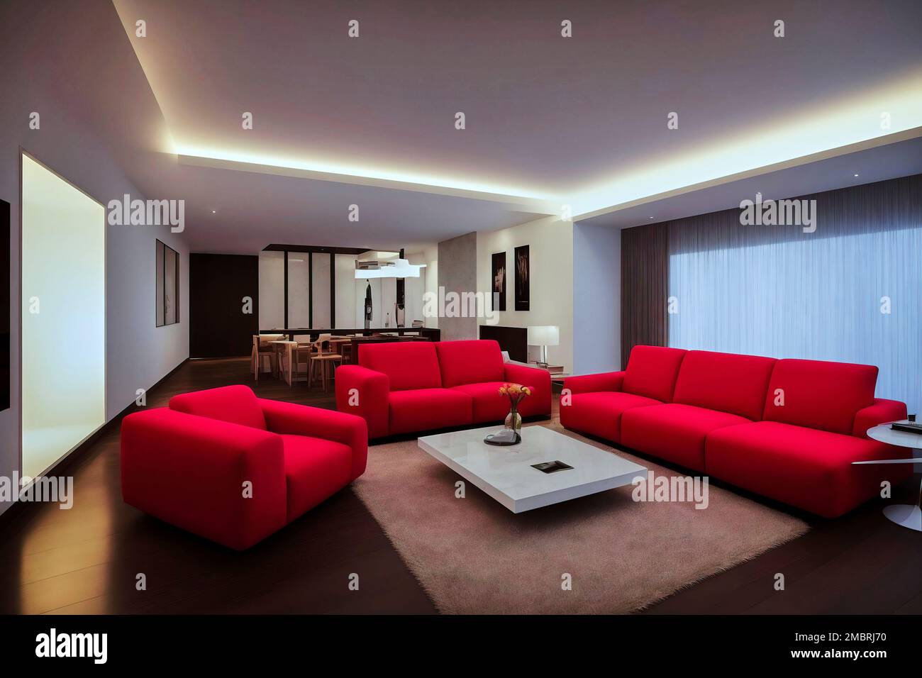 Bright red armchairs and couch in front of a low white table set on a sheepskin rug in a modern, large living space, made with generative AI Stock Photo