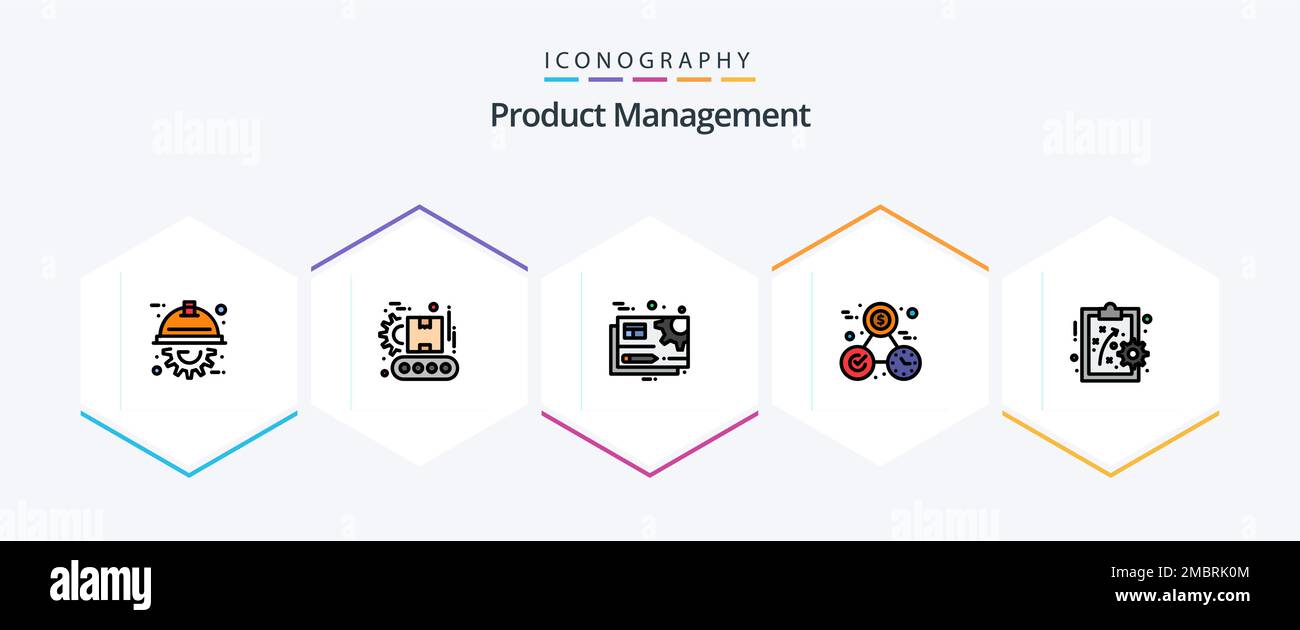 Product Management 25 FilledLine icon pack including performance management. time. document