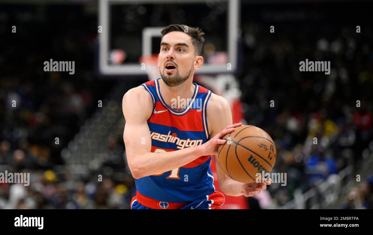 Washington Wizards guard Tomas Satoransky (31) in during the half of an NBA basketball game against the Golden State Warriors, Sunday, March 27, 2022, in Washington. (AP Photo/Nick Wass Stock