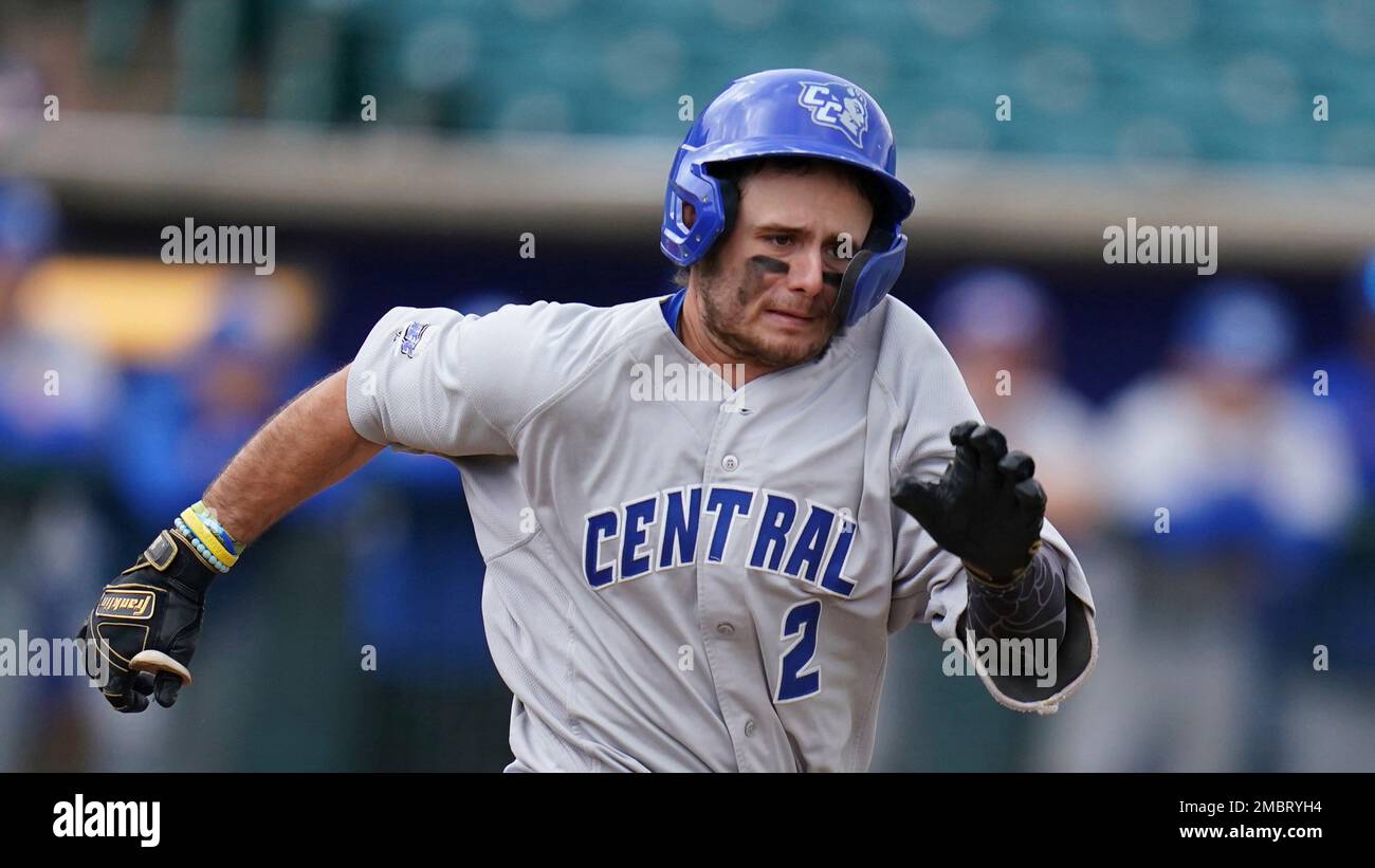 Central Conn. St. outfielder Mike Torneiro (2) runs to first during an NCAA  baseball game against Wagner, Friday, March 25, 2022 in Longwood, N.J.  Wagner won 5-1.(AP Photo/Vera Nieuwenhuis Stock Photo - Alamy, image size:1300x821