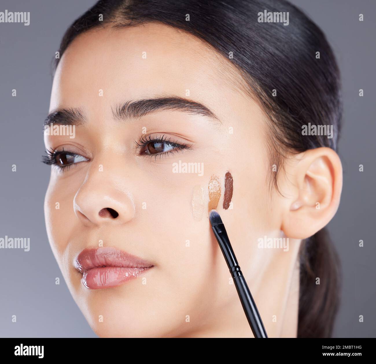 Beauty, foundation brush and face of woman test skincare product for