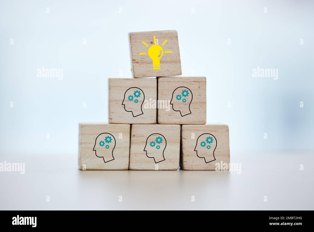 Building blocks, teamwork or brainstorming lightbulb idea on isolated