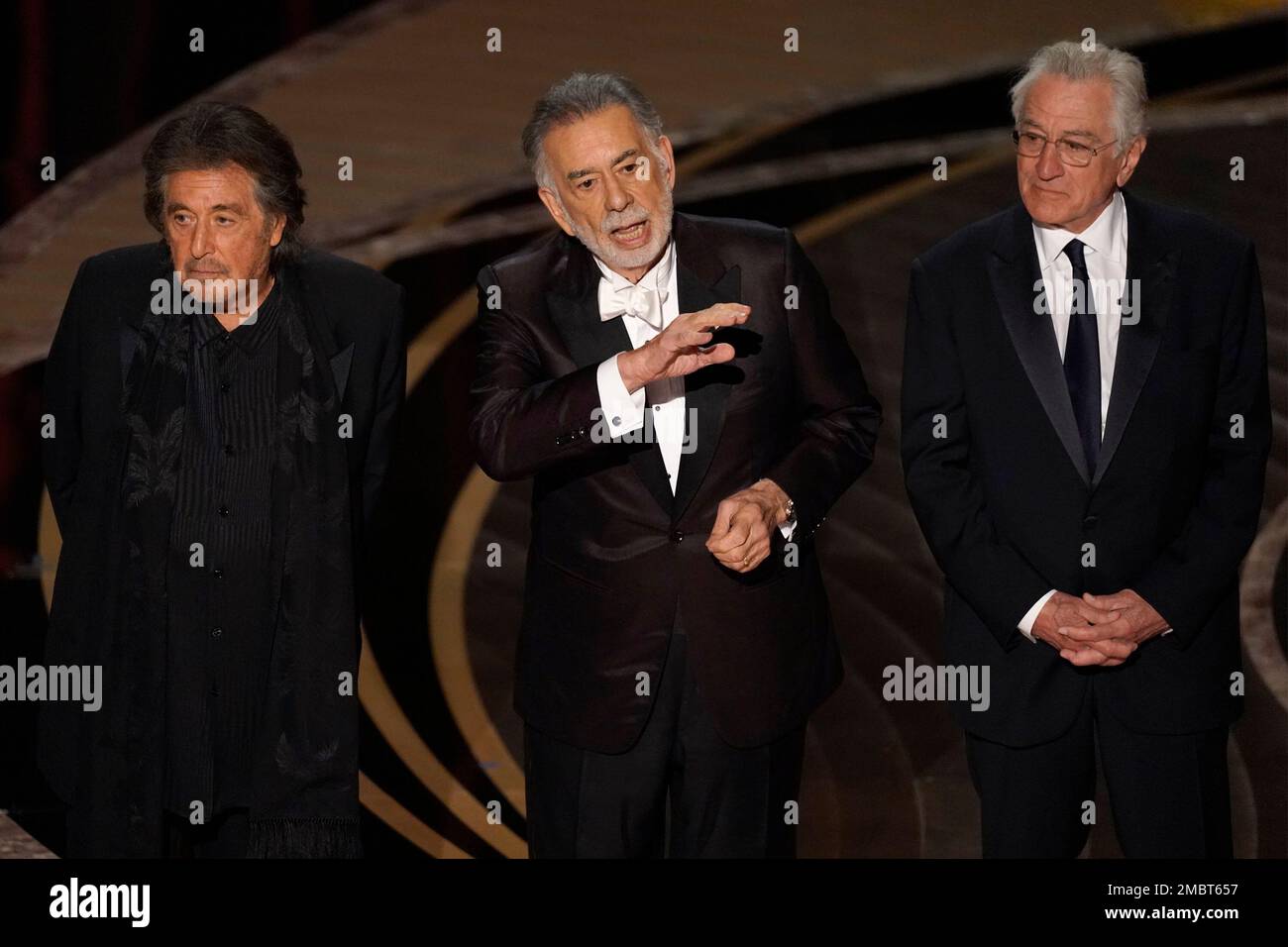 Al Pacino, from left, Francis Ford Coppola and Robert De Niro on stage