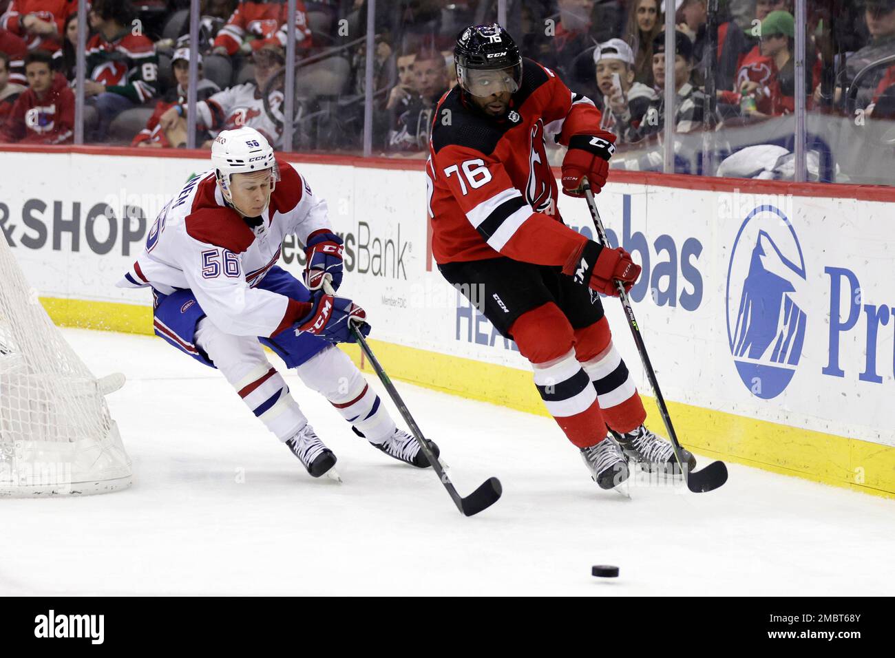 New Jersey Devils defenseman P.K. Subban 76 passes past Montreal Canadiens right wing Jesse Ylonen 56 during the second period of an NHL hockey game Sunday March 27 2022 in Newark N.J