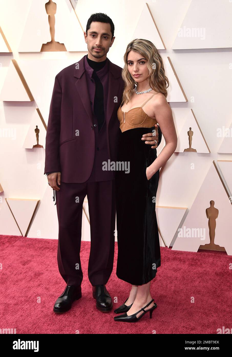 Riz Ahmed, left, and Fatima Farheen Mirza arrive at the Oscars on ...