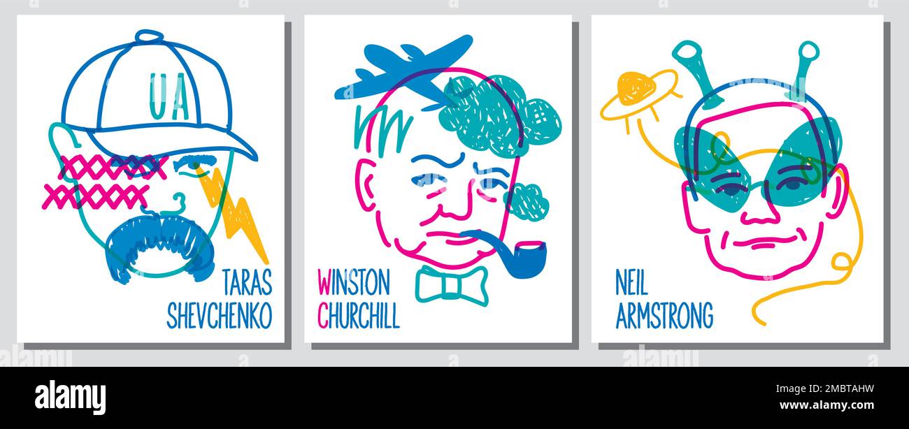 Poster color line illustration of famous people, symbol of Ukraine, Great Britain, USA Stock Vector