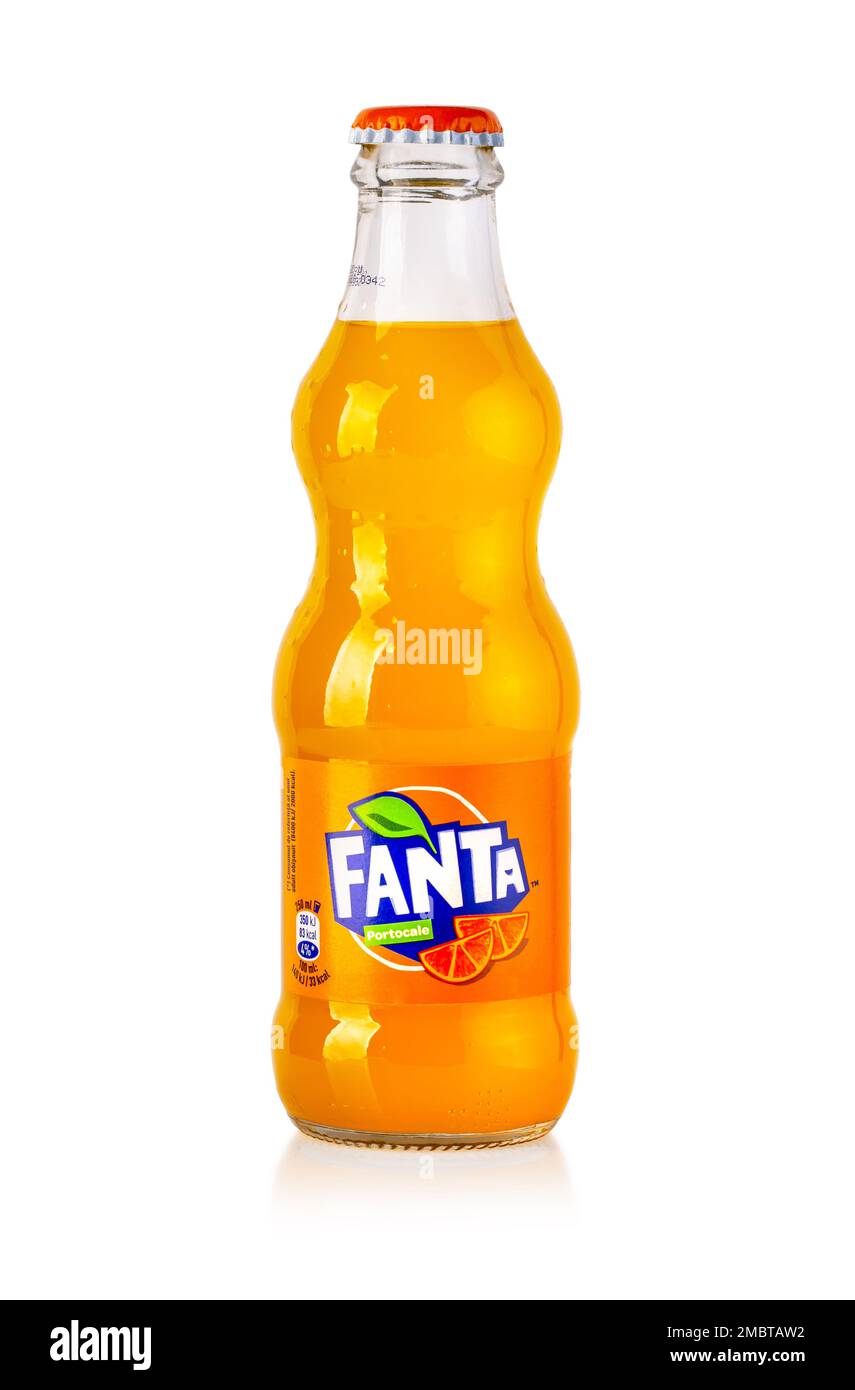 Chisinau, Moldova -April 26, 2020: Bottle of orange Fanta drink made by Coca Cola company isolated on white background.With clipping path Stock Photo