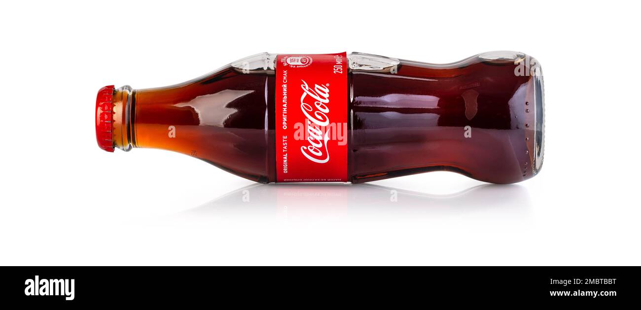 Chisinau, Moldova -  April 26, 2020: Bottle of Coca-Cola lies on white background with clipping path Stock Photo