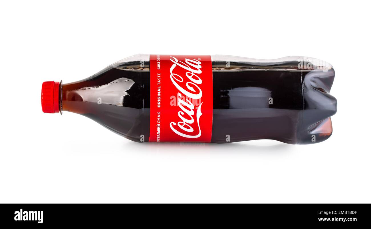 Chisinau, Moldova -  April 26, 2020: Bottle of Coca-Cola lies on white background with clipping path Stock Photo
