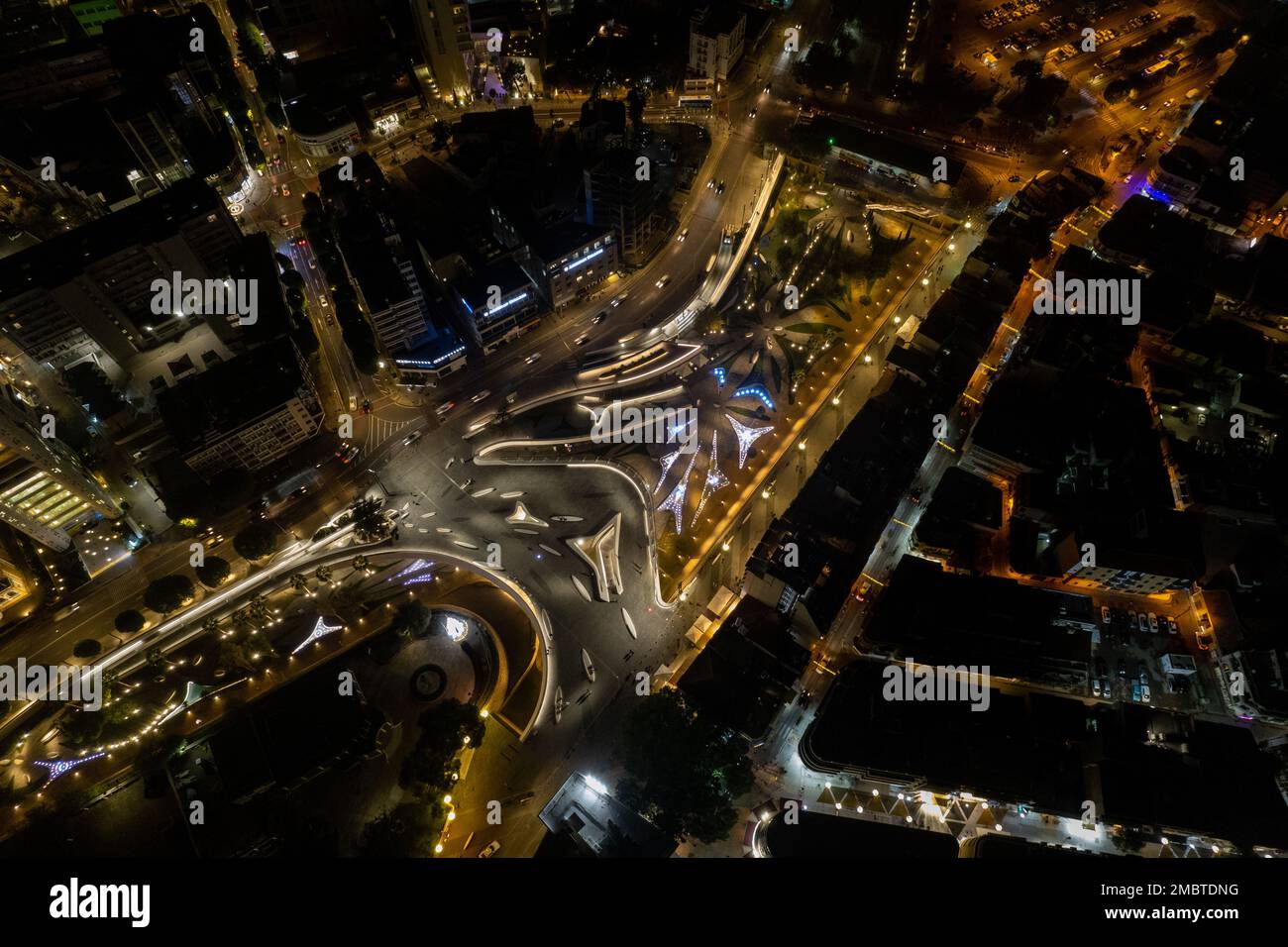 Aerial drone photograph of cityscape of Nicosia in Cyprus at night. European cities Stock Photo