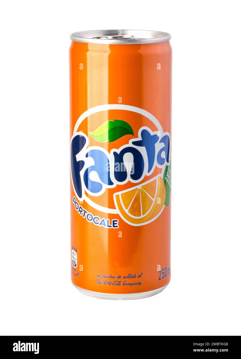 CHISINAU, MOLDOVA - NOVEMBER 14, 2015: Fanta can orange on white background. Fanta is popular fruit-flavored carbonated soft drink created by Coca-Col Stock Photo