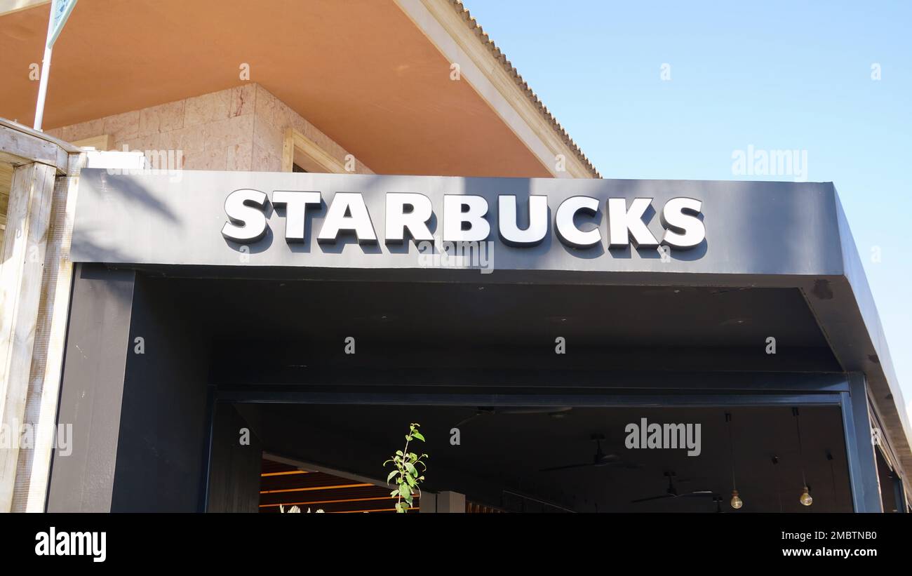 Palma de Mallorca, Spain - Sept, 19, 2017. Starbucks coffee logo. Starbucks Coffee is an American chain of coffee shops, founded in Seattle Stock Photo