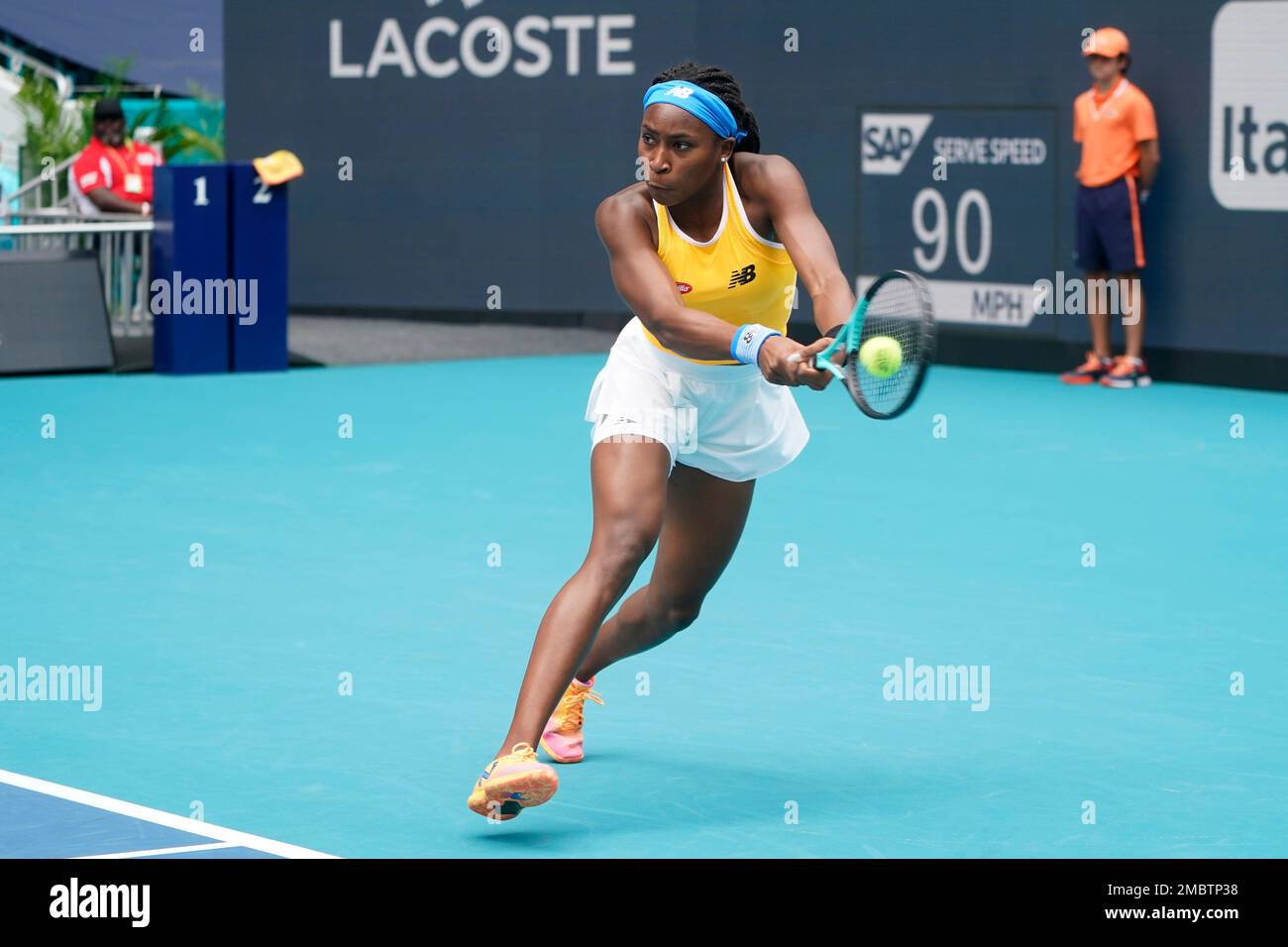 Coco Gauff returns a shot from Wang Qiang of China, during the Miami