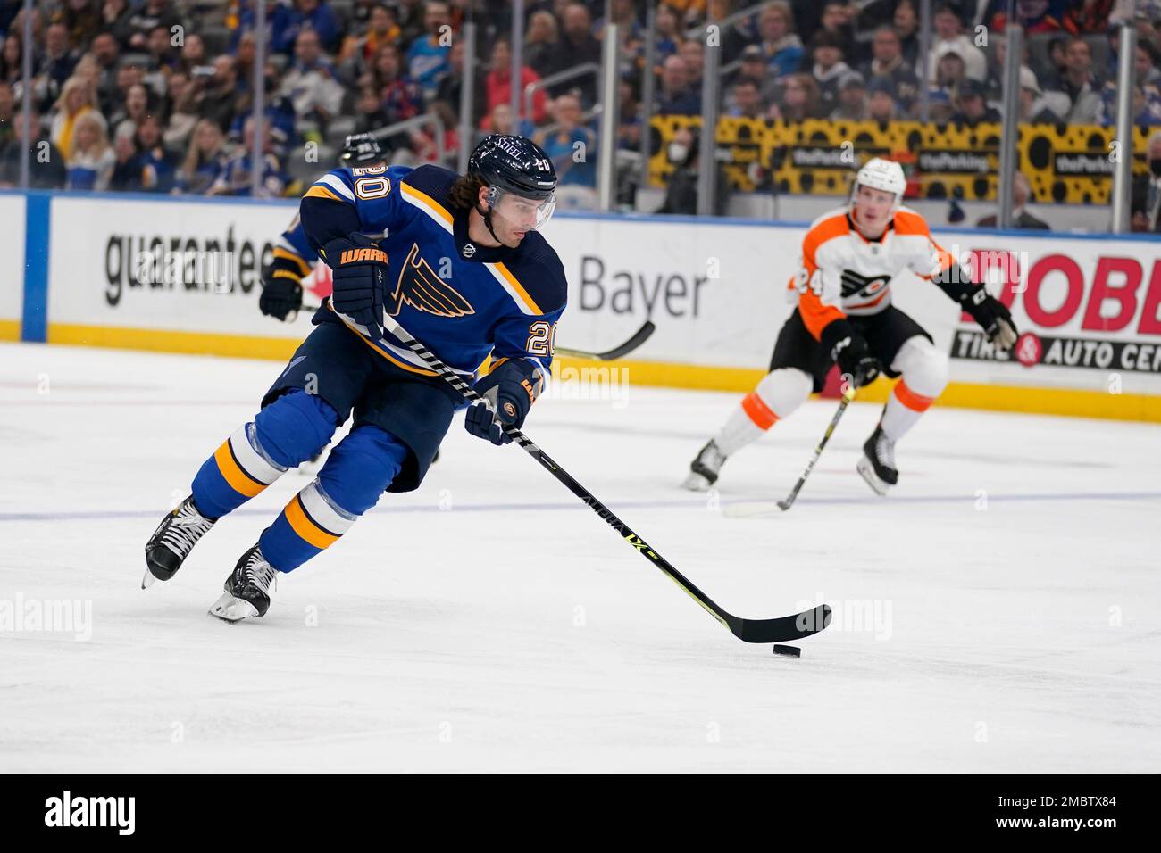 St. Louis Blues' Brandon Saad (20) brings the puck down the ice during