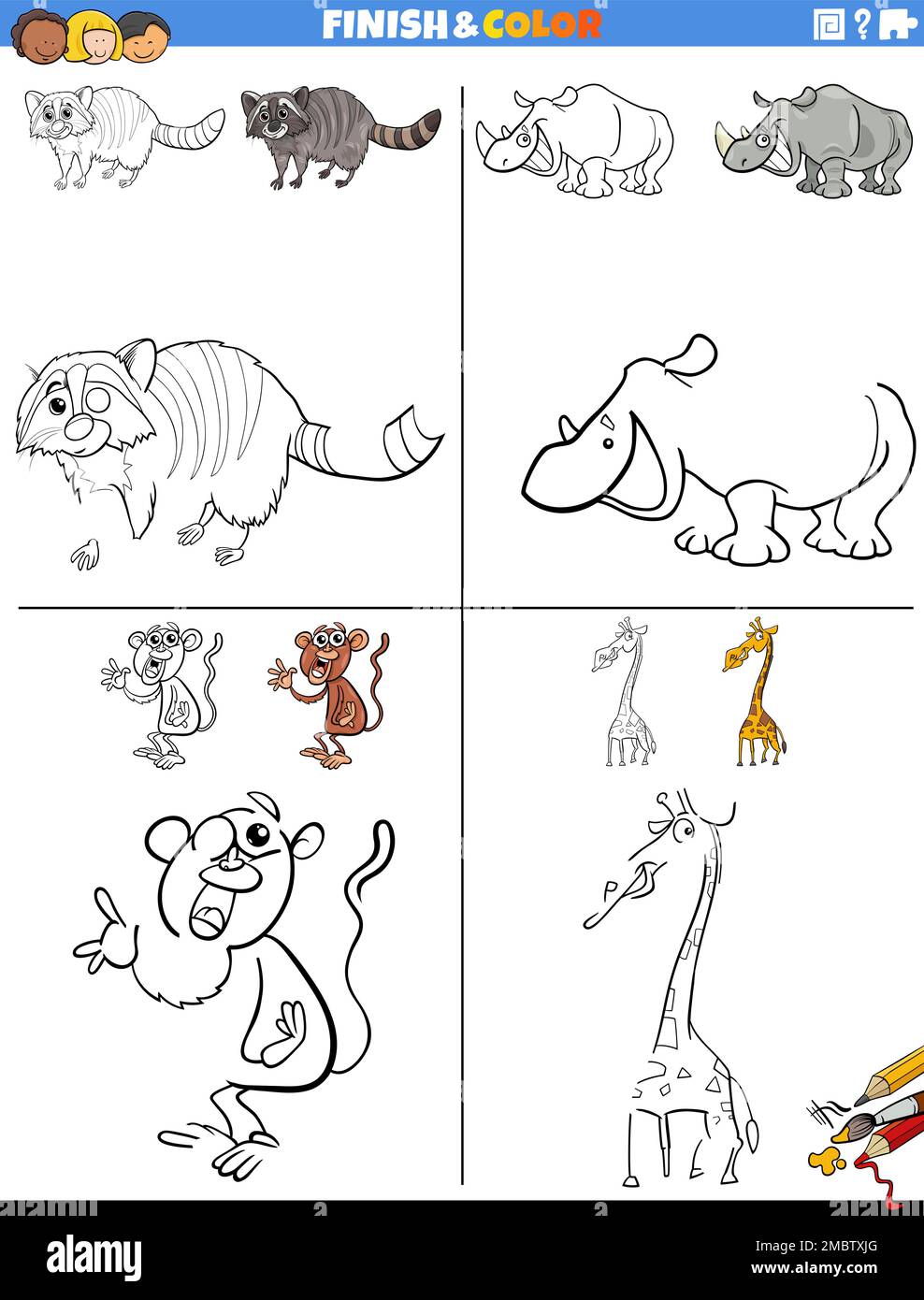 Cartoon illustration of drawing and coloring educational worksheet with