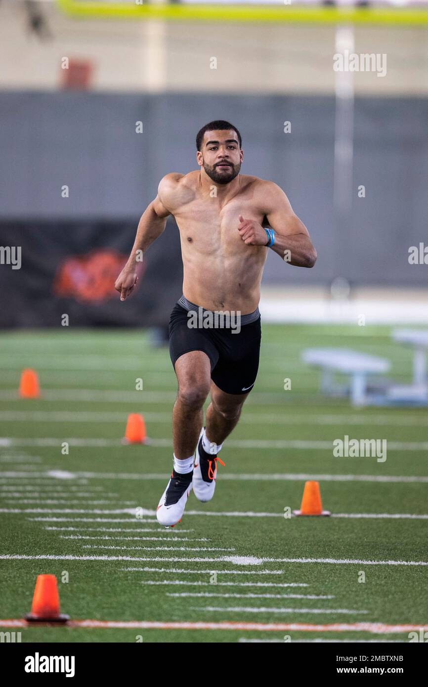 Tre Sterling III runs a drill during Oklahoma State football pro day in