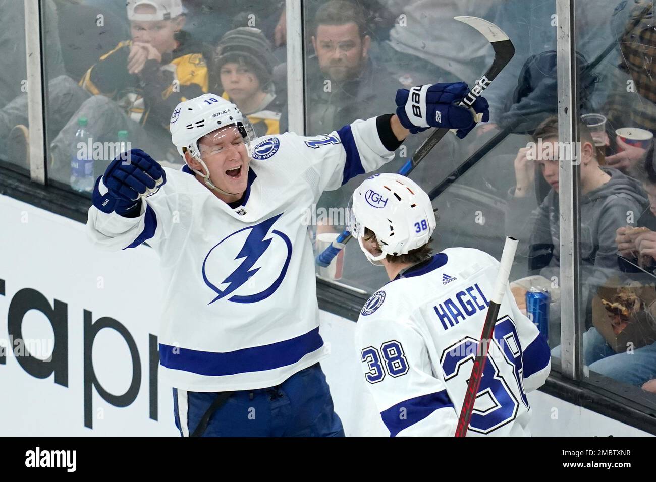 Tampa Bay Lightning left wing Brandon Hagel (38) is congratulated by