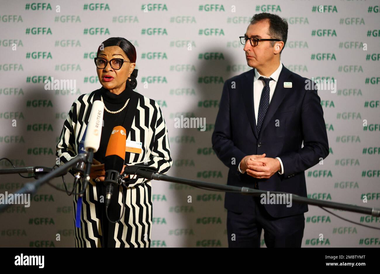 Commissioner for Agriculture of the African Union Commission Josefa Sacko and Germany's Food and Agriculture Minister Cem Oezdemir attend a news conference during the Global Forum for Food and Agriculture in Berlin, Germany January 21, 2023. REUTERS Lisi Niesner Stock Photo