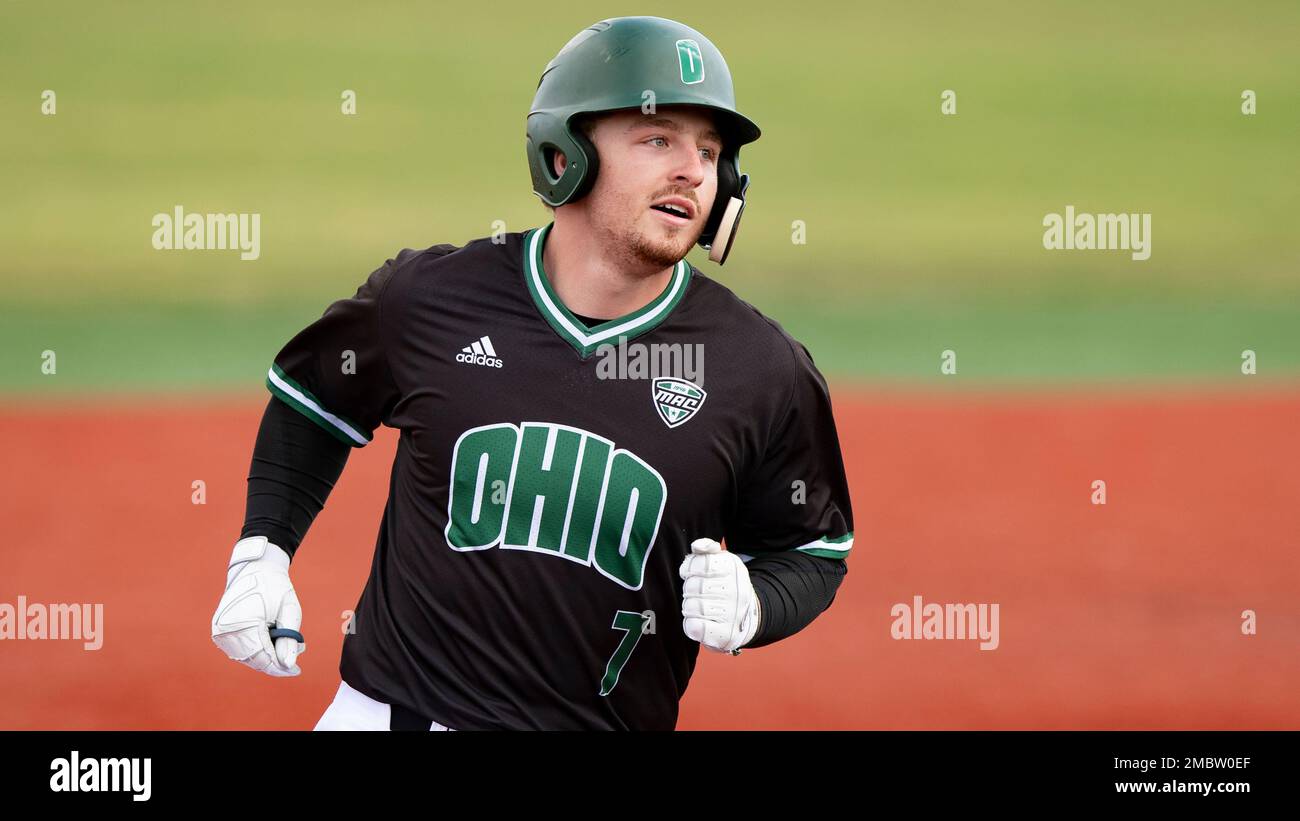 Ohio University outfielder AJ Rausch (7) runs the bases during an NCAA  baseball game against Kent State on Sunday, March 20, 2022 in Athens, Ohio.  (AP Photo/Emilee Chinn Stock Photo - Alamy