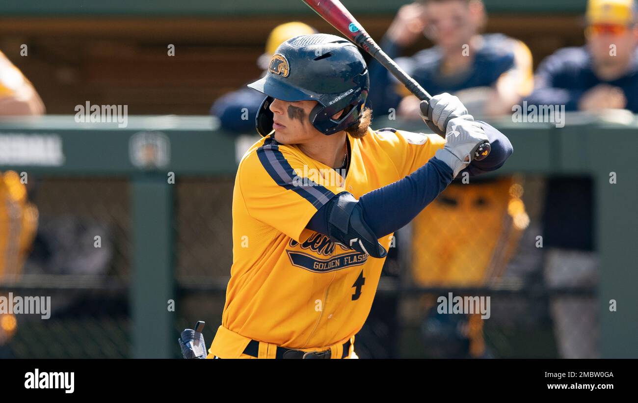 Kent State infielder Kyle Jackson (4) at-bat during an NCAA baseball game against Ohio University on Sunday, March 20, 2022 in Athens, Ohio