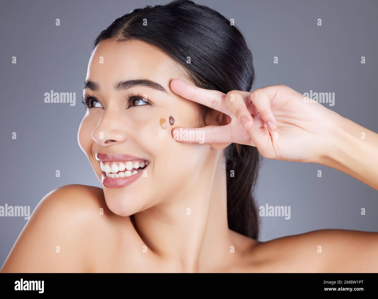 Beauty, foundation test and face of model with skincare product for