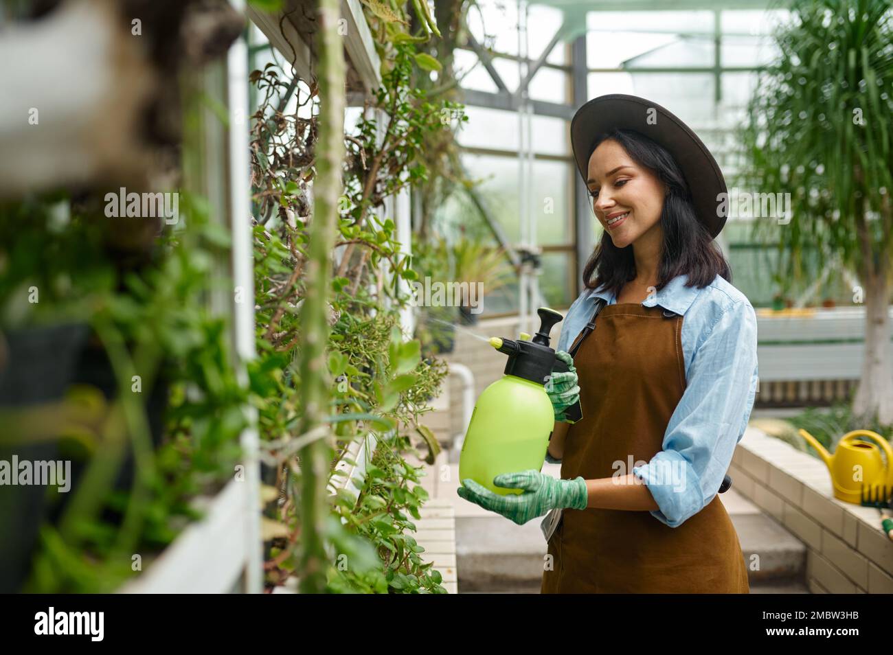 Young woman gardener caring plants treating flowers with chemicals