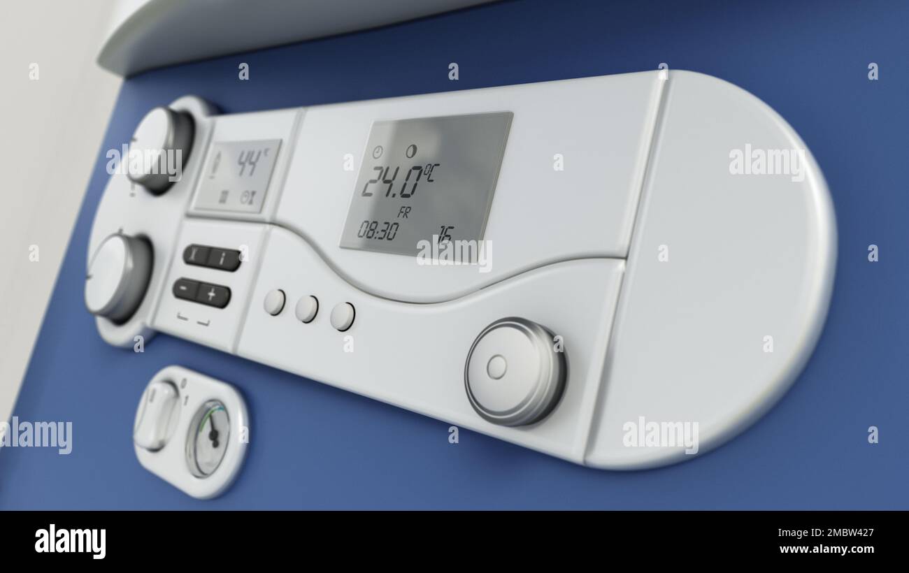 Combi boiler control panel macro detail. 3D illustration Stock Photo