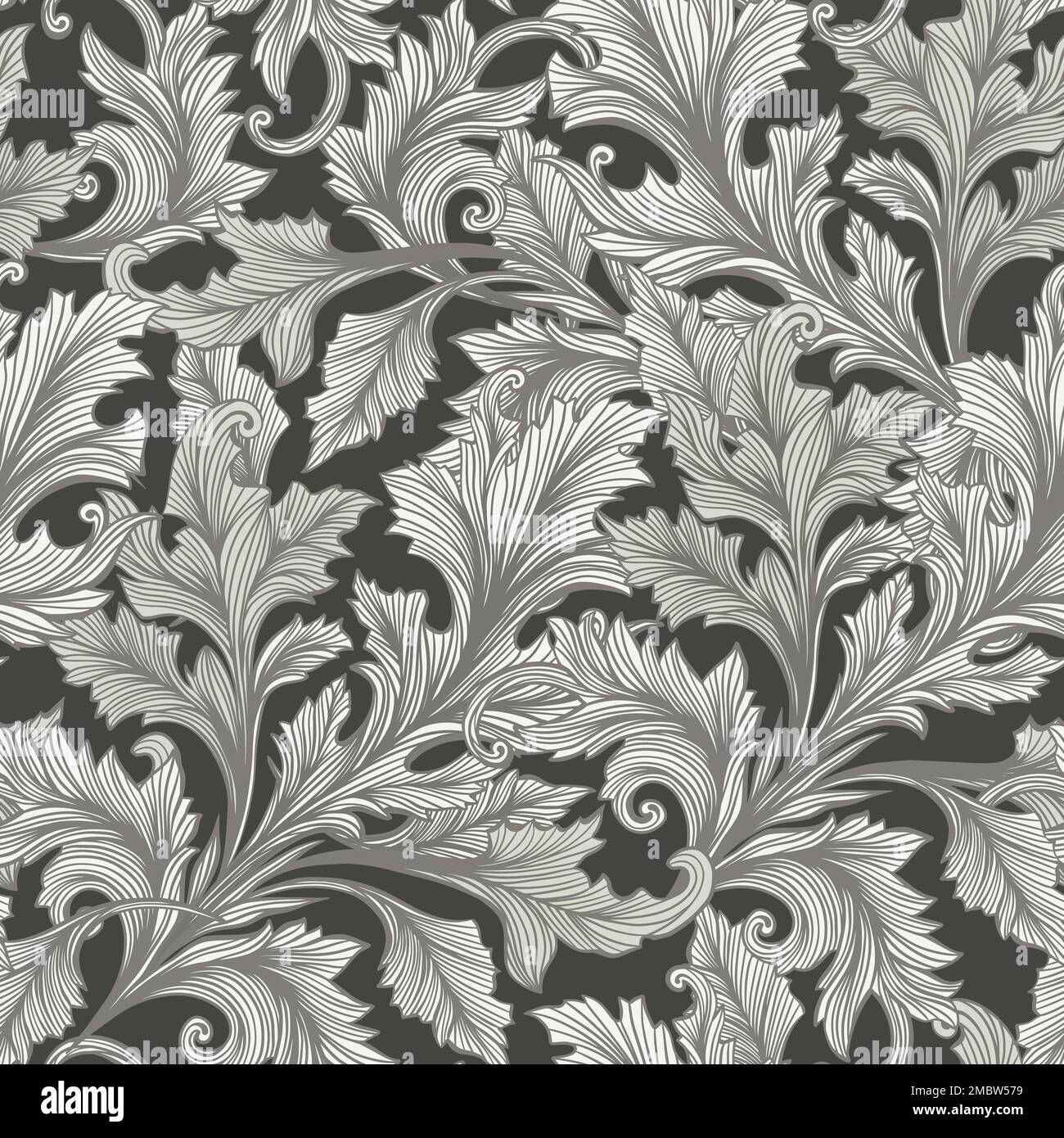 Neutral Gray Antique Acanthus Leaves Motif, Vector Seamless Pattern for Wallpaper Stock Vector