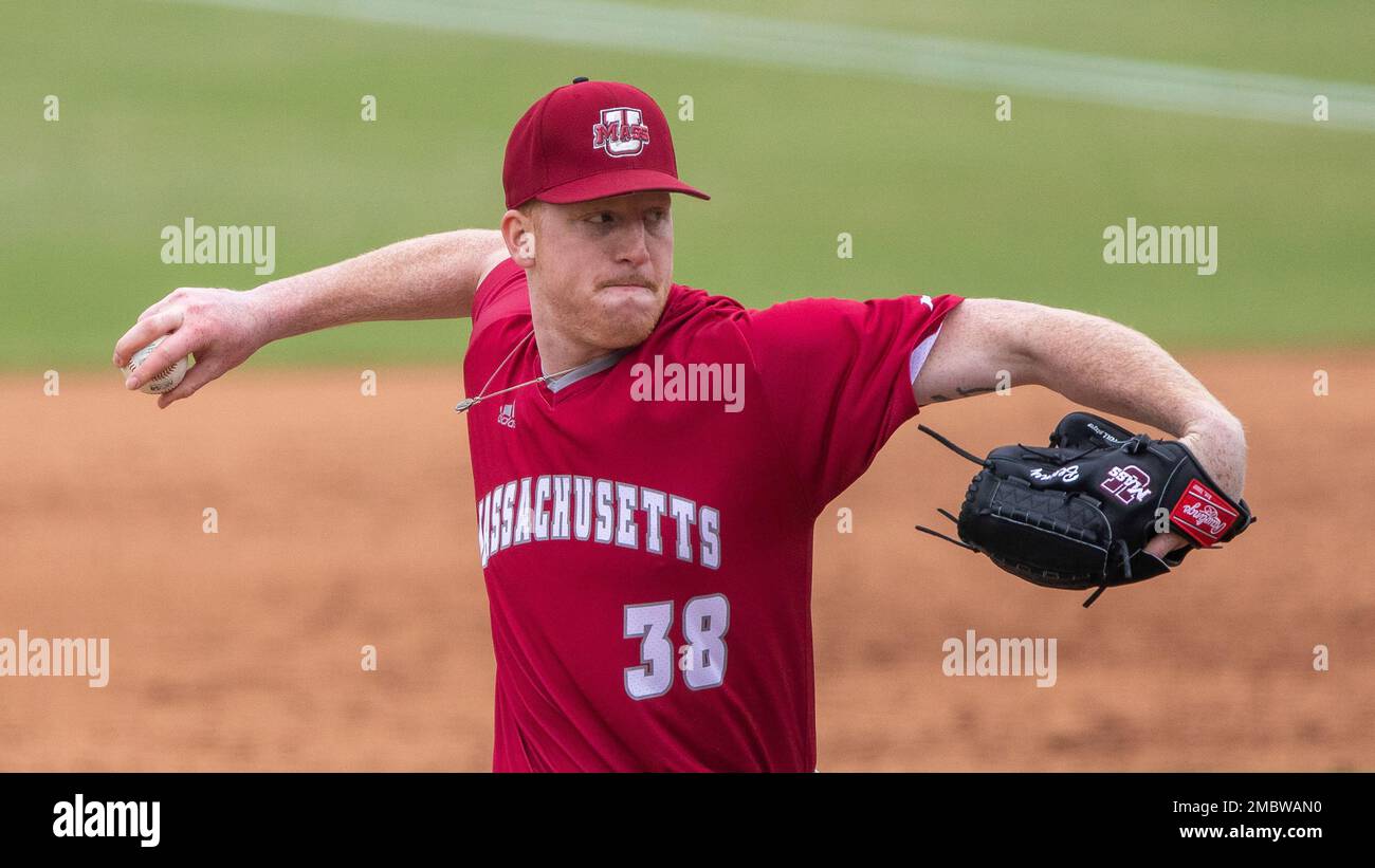 Massachusetts' Blake Bennett (38) pitches during an NCAA baseball game ...