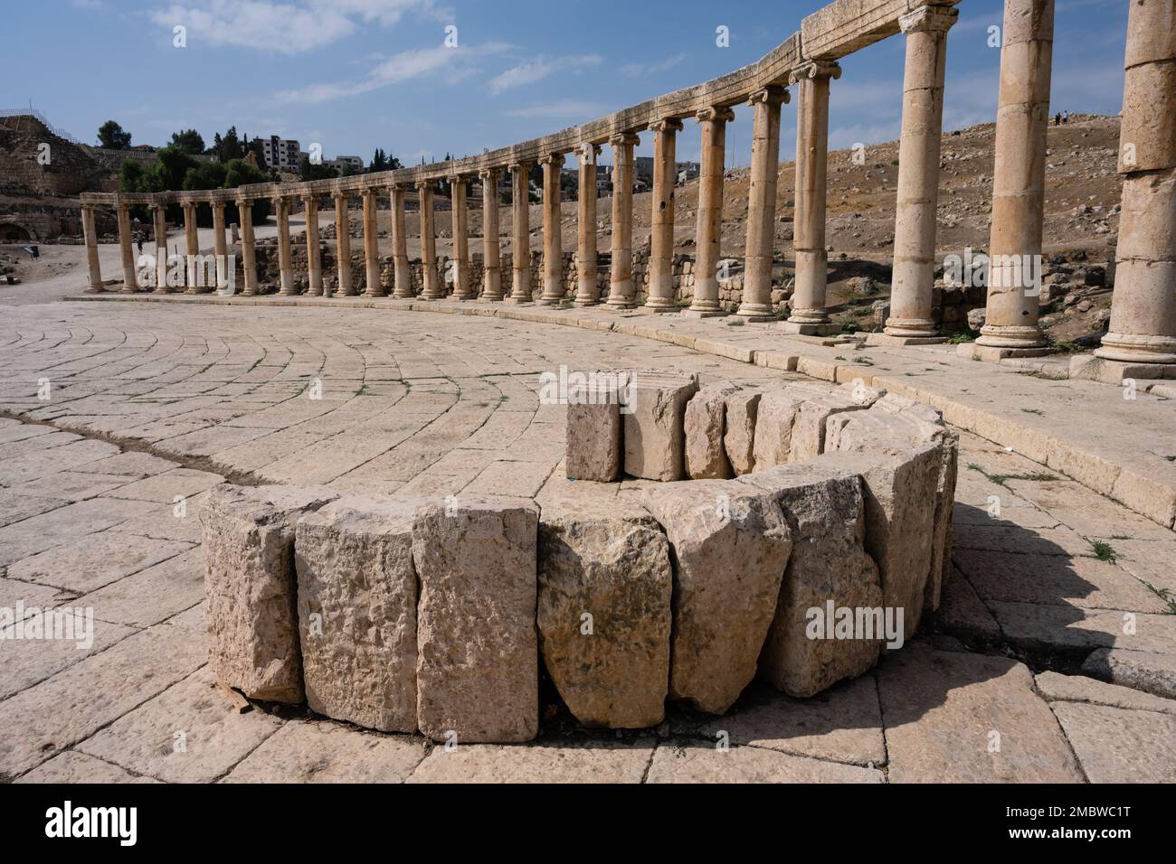 Oval Forum or Plaza in Gerasa, an Ancient Roman City in Jerash, Jordan Stock Photo