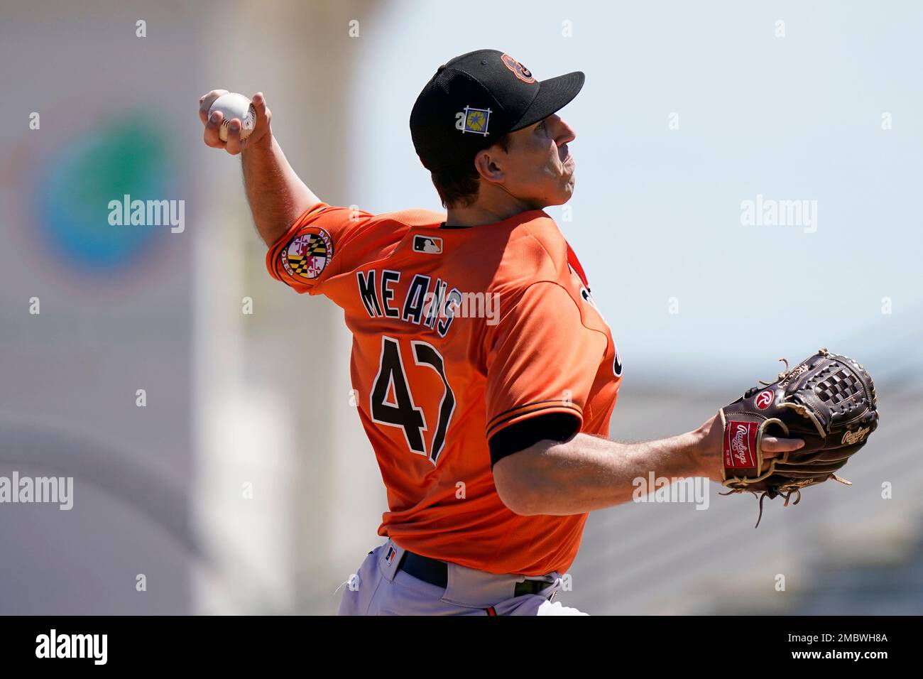 Baltimore Orioles starting pitcher John Means (47) throws during the first  inning of a spring training baseball game against the Pittsburgh Pirates,  Tuesday, March 22, 2022, in Bradenton, Fla. (AP Photo/Lynne Sladky