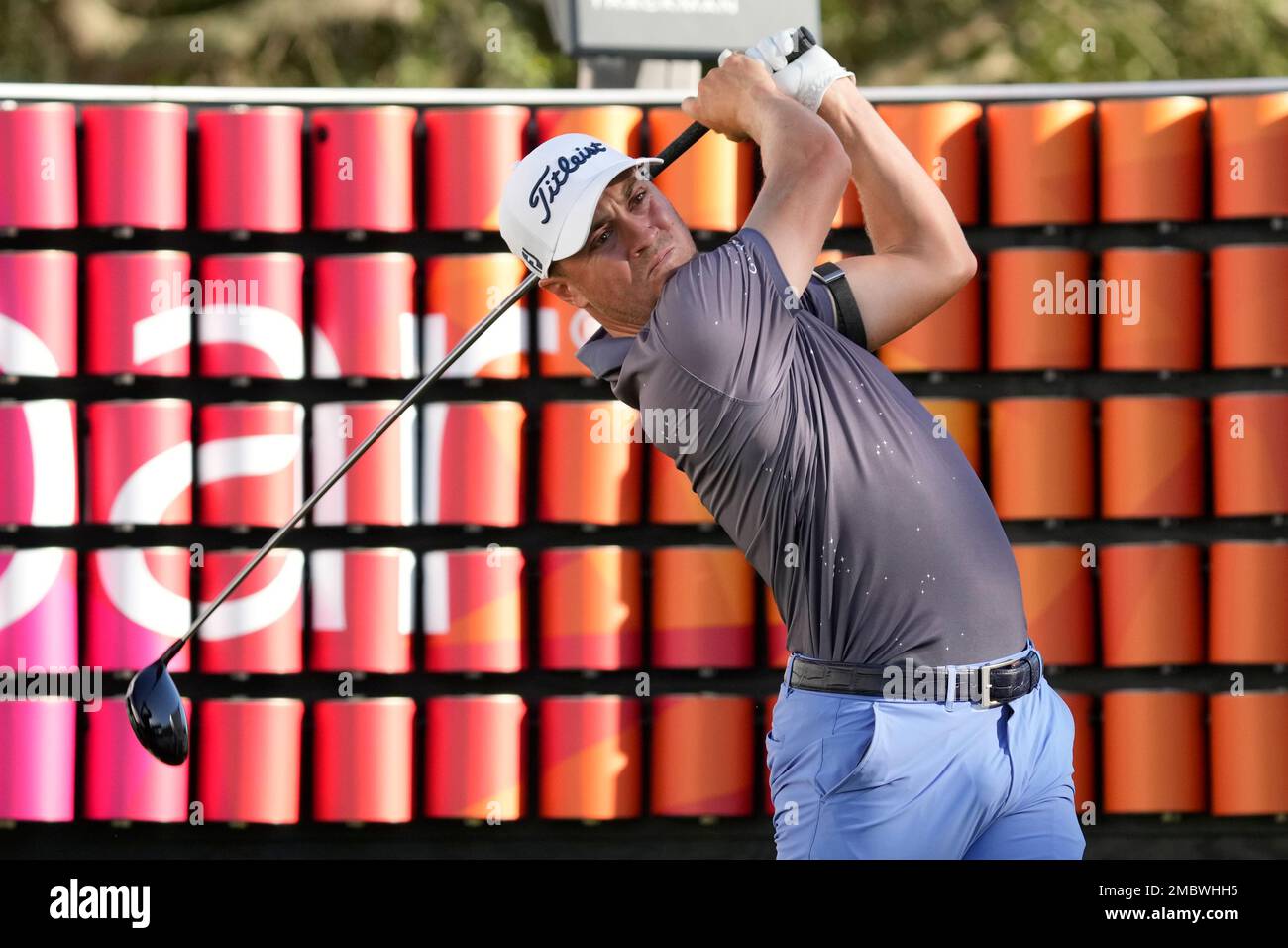 Justin Thomas tees off on the 18th hole during the final round of the Valspar Championship golf tournament Sunday, March 20, 2022, at Innisbrook in Palm Harbor, Fla