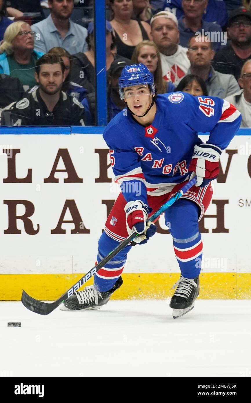 New York Rangers' Braden Schneider plays during an NHL hockey game